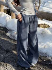 Abrilcols 秋冬新款休闲宽松弹力腰阔腿运动裤加厚保暖内衬百搭修身 - 深灰色 - 查看 3