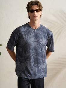 Manfinity Dauomo 男士圆领植物印花休闲百搭通勤短袖T恤 - 灰色 - 查看 1