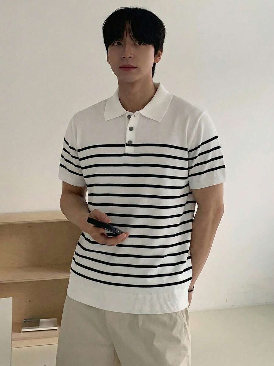 DAZY Jersey de punto con cuello polo a rayas para hombre, primavera/verano - Multicolor - Ver 1