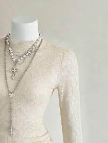 EgrlEra Women's Fashionable Black Sexy Lace Blouse - Beige - View 4