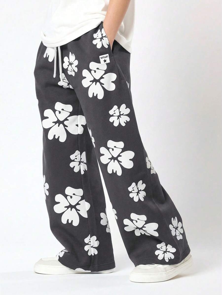 SUMWON 男童阔腿印花抽绳运动裤,弹性腰带,宽松休闲度假裤 - 深灰色 - 查看 1