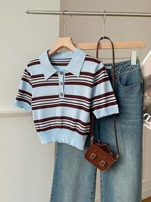 SHEIN EZwear 条纹多色图案半拉链休闲百搭短袖针织上衣 - 彩色 - 查看 4