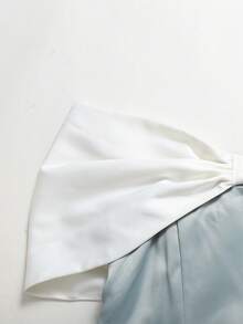 Girlism 少女蓝白拼接露肩缎面蝴蝶结A字连衣裙，优雅适合聚会，春夏款 - 薄荷綠 - 查看 7