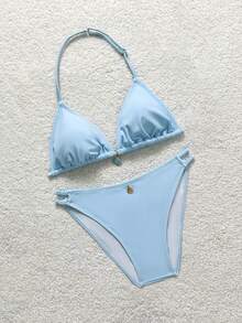 SHEIN Conjunto de bikini sólido para adolescentes para vacaciones de verano y playa - Azul - Ver 7