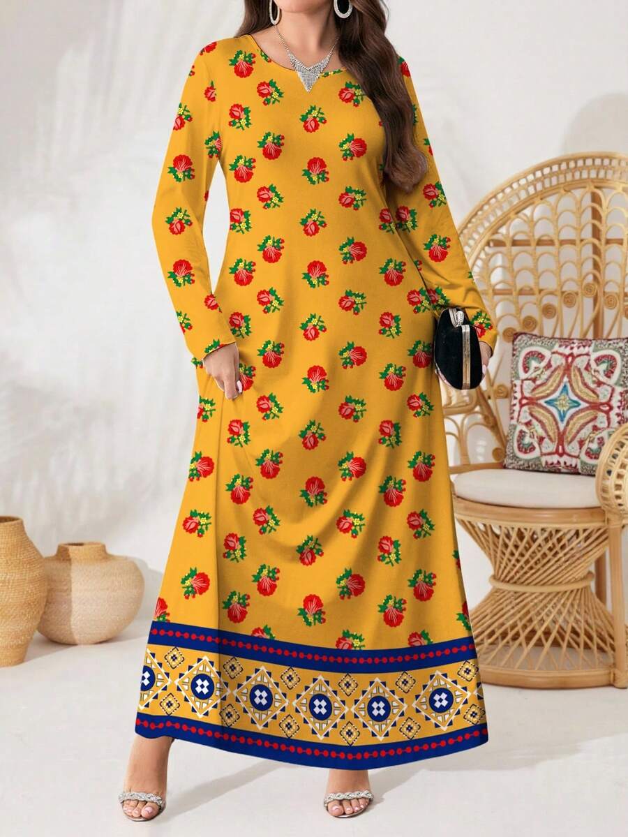 Al Najma 大码女式黄色碎花优雅V领长袖针织连衣裙，适合约会、度假、日常穿着、休闲、派对、节日等场合，大码秋季女士长裙，飘逸连衣裙，碎花长裙/复古连衣裙，碎花连衣裙，黄色连衣裙，拼接碎花连衣裙，连衣裙，大码连衣裙 - 黃色 - 查看 1