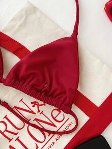 少女三件套纯红色休闲沙滩度假针织比基尼套装，夏季沙滩鞭形露背吊带三角比基尼套装，夏季沙滩泳装