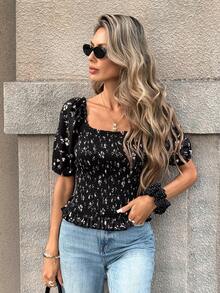 Pariaura Women's All-Over Print Square Collar Casual Short Sleeve Shirt - Black - View 5