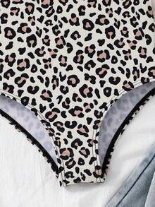 SHEIN 女童针织休闲可爱豹纹圆点蝴蝶结连体泳衣