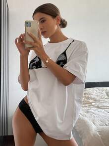 Livesso Casual Round Neck Short Sleeve Women's Loose Fit Bikini Print T-Shirt - White - View 3