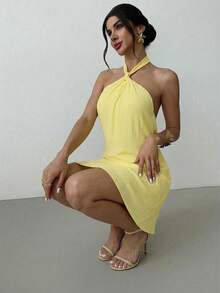 Firerie 夏季女士优雅度假派对休闲浪漫约会宽松露背无袖迷你连衣裙，沙滩装，度假装 - 淡黃色 - 查看 6
