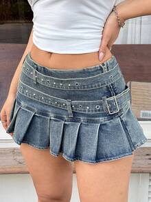 SHEIN EZwear 女士纯色褶裥腰带休闲牛仔裙 - 藍色 - 查看 3