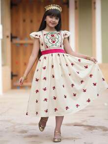 Tween Girl Casual Minimalist Comfortable Round Neck Cap Sleeve Waist Contrast Color Lace Trim Decor Dress - Multicolor - View 2