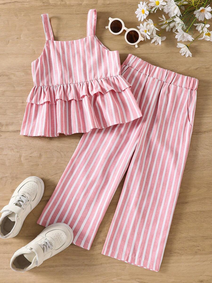 SHEIN Vintaside Kids 两件套女童条纹荷叶边吊带背心和裤子休闲套装