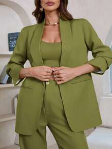 Aveloria Modichic Solid Color Long Sleeve Blazers With Pockets  - Green - View 3