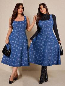 Elaquor Đầm denim cạp chun eo họa tiết hoa không tay cổ vuông thời trang cỡ lớn - Màu xanh lam - Xem 7