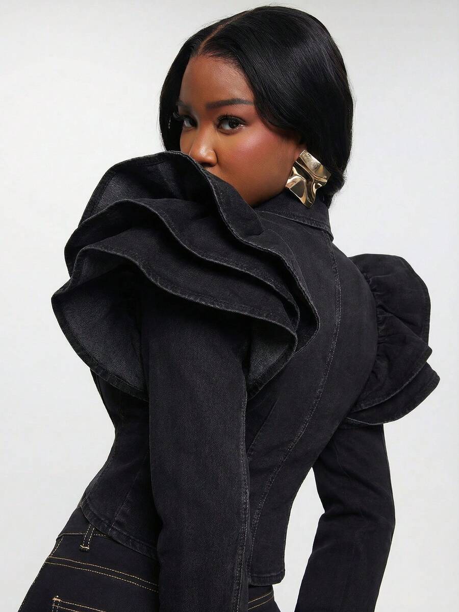 NYA SZN Áo khoác Destiny dáng ngắn, tay dài, kiểu bolero denim, tay bồng, chất liệu co giãn, màu denim đậm, phù hợp cho công sở, thường ngày, đi dự tiệc, sự kiện đặc biệt, tiệc tùng. Phong cách denim thô cao cấp, sang trọng, thanh lịch, thích hợp cho trang phục mùa thu đông dành cho nữ. - màu đen - Xem 1