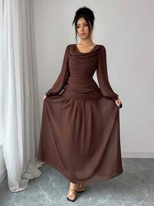 SHEIN PETITE Women's Casual Elegant Draped Collar Ruched Lantern Sleeve Flowy Dress, With Ruffle Collar, Lantern Sleeves, And Tie Waist Design, Suitable For Various Formal Occasions Such As Parties, Weddings, Graduations, Halloween, Christmas, Saudi National Day, New Year, Etc. - Brown - View 6