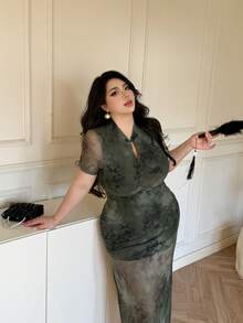 Flirla Plus Size Chinese Style Qipao Dress, Green - Green - View 4
