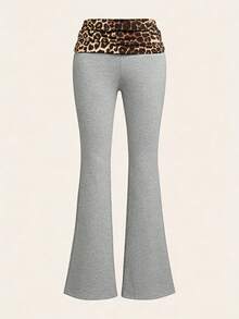 SHEIN Tall CURVE 大码时尚休闲豹纹拼接喇叭裤，可翻折腰身 - 淺灰色 - 查看 3