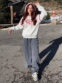 Abrilcols Women's Fashion Casual Minimalist Romantic Daily Versatile Contrast Color Letter Hoodie Sweatshirt Pullover Fall, Christmas - Grey - View 6