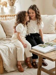 SHEIN Vintaside Kids 2条装少女休闲日常通勤简约纯色纹理面料纸袋腰带宽松阔腿裤 - 白色 - 查看 7