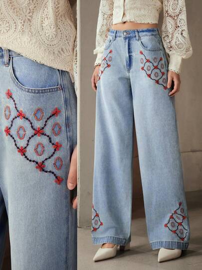 Selenza Women's Floral Embroidered Pocket Wide Leg Loose Casual Versatile Jeans