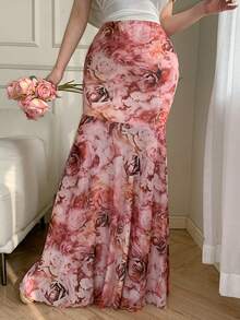 Celisse 女士弹力腰不对称数码印花休闲优雅半身裙，春夏款