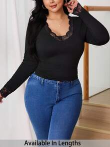 SHEIN Tall CURVE 大码女式撞色蕾丝长袖修身时尚T恤，蕾丝拼接蕾丝打底衫长袖蕾丝V领上衣，春季，情人节，优雅女式衬衫，黑色上衣 - 黑色 - 查看 4