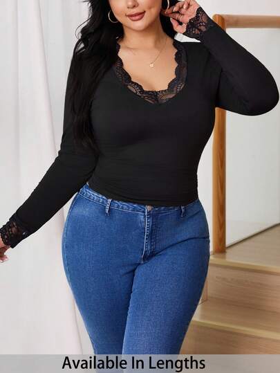 SHEIN Tall CURVE Plusstorlek Dam Kontrastfärgad Spets Långärmad Figurnära Mode-T-shirt