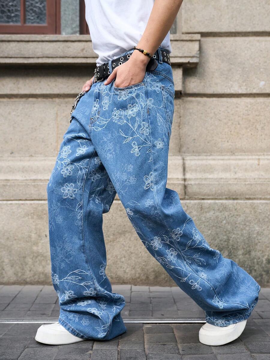 Manfinity EMRG 男士提花直筒喇叭牛仔裤 - 中等水洗藍 - 查看 1