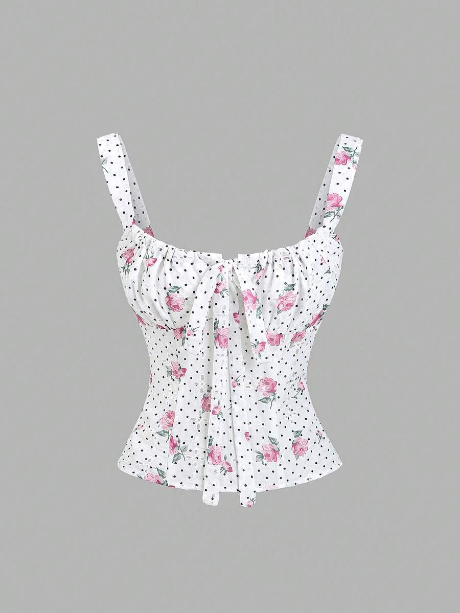 Sweetra Women's New Year, Halloween, Christmas, Thanksgiving, Spring, Summer, Autumn, Winter, Suitable For Party, Commute, Daily, Travel, Vacation. Women's Casual Wear: White Shirt, Polka Dot Blouse, White Top, White Polka Dot Rose Print Embroidered Hollow Out Fabric Top, New Year White, Summer Top, Women's Casual, Ruffle Collar Bow Tie Fitted A-Line Sweet Vacation Casual Special Fabric Cami Top - Multicolor - View 1