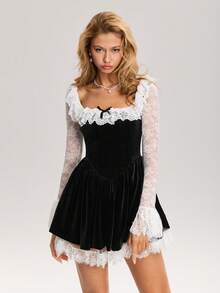 Sweetina 女士方领撞色蕾丝拼接正式派对黑白长袖连衣裙，适合生日、度假、婚礼、情人节等场合。 - 黑與白 - 查看 4