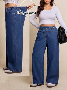 Elaquor Plus-Size Blue Women's High-Waisted Straight-Leg Jeans, Slimming And Comfortable With Elastic Waistband, Perfect For Spring Casual Wear,Going Out Pants - Dark Wash - View 1