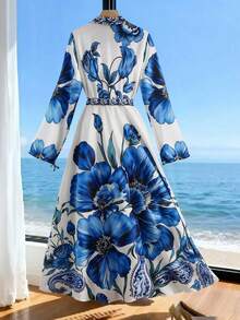 Franclia 女士蓝色花卉印花度假腰带长袖衬衫裙 - 藍白色 - 查看 2