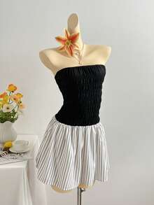 SHEIN Unity 女士性感休闲黑色抹胸拼接黑白条纹短裙，轻松度假风，春夏款 - 黑色 - 查看 1