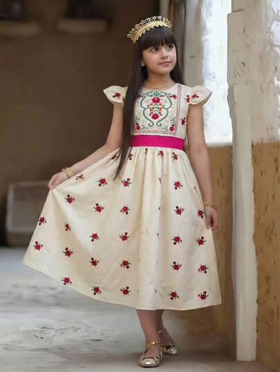 Tween Girl Casual Minimalist Comfortable Round Neck Cap Sleeve Waist Contrast Color Lace Trim Decor Dress