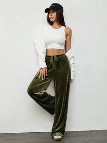 SHEIN EZwear 女士复古休闲黑色丝绒宽松阔腿裤，秋冬款 - 軍綠色 - 查看 5