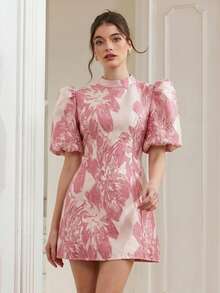 Revavyn 时尚高端撞色设计，黑色底色搭配紫红色提花面料，优雅法式贵族风格，泡泡袖收腰简约女式短袖迷你连衣裙 - 粉色 - 查看 5