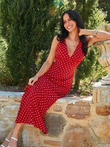 KARISMINA 女士时尚休闲度假波点印花V领连衣裙，红色波点情人节连衣裙 - 紅白色 - 查看 1