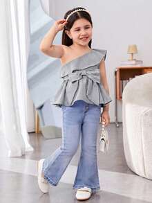 SHEIN Young Girl Cute Asymmetric Striped One-Shoulder Blouse With Large Bow, Young Girl - Black and White - View 6