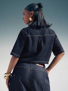 Denimoi Women's Short Sleeve Utility Pocket Loose Casual Denim Blouse - Dark Wash - View 5