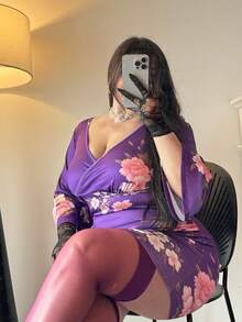Vibekara Vestido morado con estampado floral ajustado de talla grande - Morado - Ver 5