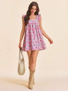 Coeurva 女士飞机印花雪纺迷你连衣裙，适合春夏度假穿着 - 彩色 - 查看 5