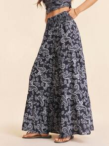 Coeurva Women's Loose Wide Leg Printed Chiffon Palazzo Pants,Navy Blue And White,Boho,Vacation,Holiday,Autumn Spring Summer Flowy Pants For Vacation - Black and White - View 6