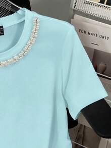 Franclia Women's Round Neck Embellished Chain Design Short Sleeve Casual T-Shirt, Summer - Blue - View 4