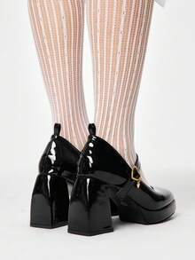 ROMWE Kawaii Vintage Mary Jane Women's Shoes, French Square Toe Leather Pumps, Spring Lacquered Thick Heel Elegant High Heels, Black Valentine's Day - Black - View 5