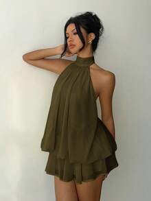 Aloruh Women's Elegant Light Yellow Halter Tie Mini Dress - Army Green - View 5
