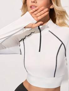 CourtClass 女士立领拉链半开襟休闲百搭日常户外运动网球衫，长袖 - 白色 - 查看 7