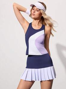 CourtClass Conjunto de top y falda pantalón casual de cuello redondo y bloques de color para mujer, para uso diario, actividades al aire tenis - Multicolor - Ver 3