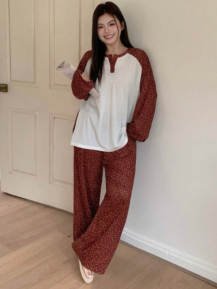 Dazy Plus Plus Size Women Contrast Color Patchwork Loose Long Sleeve Top And Polka Dot Long Pants Pajama Set, Spring/Summer
